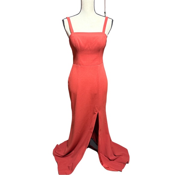 AZAZIE JAY Rust Orange A-Line Square Neckline Side Slit Chiffon Dress Size 2 - Picture 4 of 6